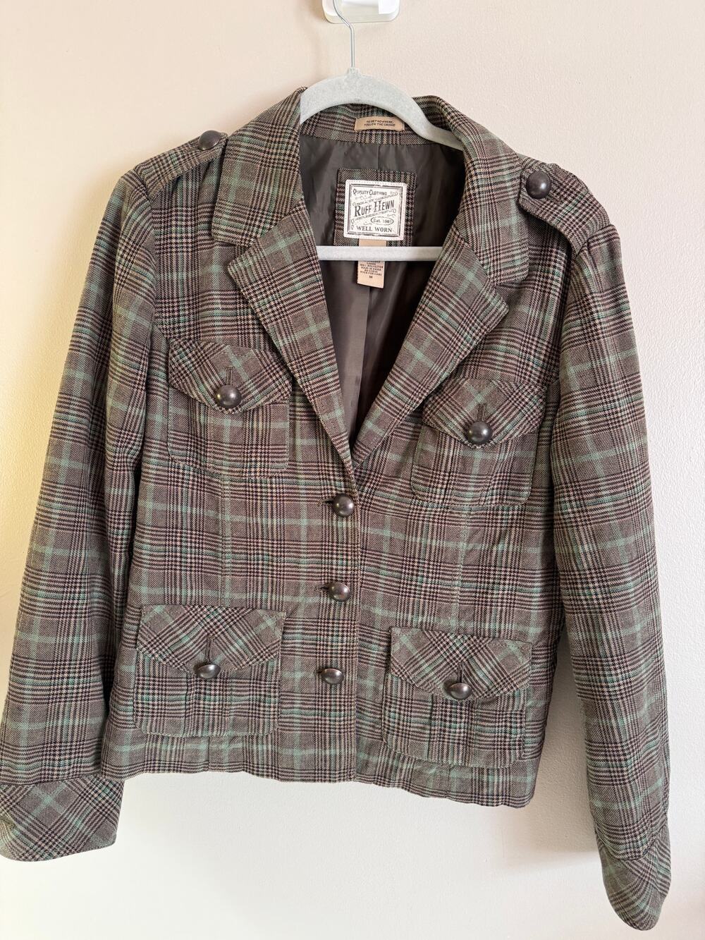 Stylish Ruff Hewn women's plaid utility blazer jacket in classic brown pattern.